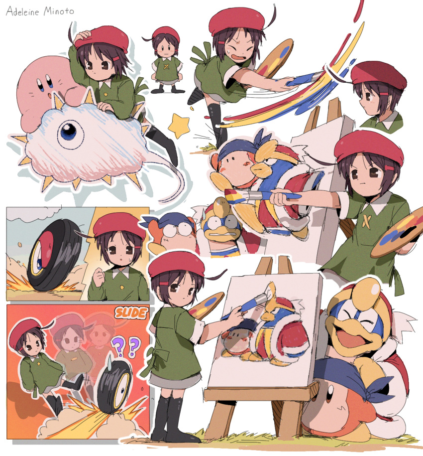 :o ? ?? adeleine afterimage ahoge bandana bandana_waddle_dee bendedede beret black_socks blue_bandana blue_eyes brown_eyes brown_hair canvas_(object) character_name clenched_teeth closed_eyes closed_mouth cloud collared_shirt commentary dodging easel english_commentary expressionless fur-trimmed_jacket fur_trim green_shirt grey_skirt hair_ornament hairclip hands_on_own_hips hat highres holding holding_paintbrush holding_palette jacket king_dedede kirby kirby_(series) kneehighs kracko laughing looking_at_viewer looking_back multiple_views one-eyed open_mouth outline outstretched_arm paint paintbrush painting_(action) painting_(object) palette_(object) parted_bangs parted_lips red_headwear red_jacket shirt short_hair short_sleeves simple_background skirt smile smoke socks spikes standing sweatdrop teeth upper_body v-shaped_eyebrows wheel wheelie_(kirby) white_background white_outline wide-eyed