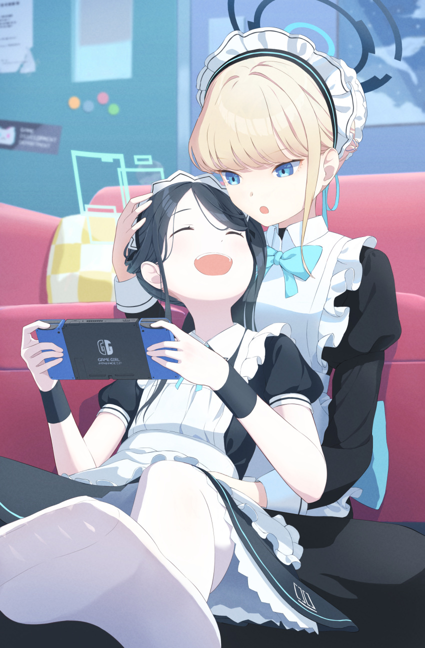 2girls absurdres apron aqua_bow aqua_bowtie aris_(blue_archive) aris_(maid)_(blue_archive) black_dress black_hair black_halo blonde_hair blue_archive blue_eyes blue_halo blurry blurry_background bow bowtie closed_eyes collared_dress couch dress eyelashes foreshortening frilled_apron frills halo hand_on_another's_head handheld_game_console hands_up highres holding holding_handheld_game_console indoors juliet_sleeves long_hair long_sleeves looking_at_another maid maid_headdress multiple_girls nintendo_switch no_shoes official_alternate_costume on_ground open_mouth pantyhose parted_bangs puffy_short_sleeves puffy_sleeves short_hair short_sleeves single_sidelock sitting sitting_on_lap sitting_on_person soles teeth tkmrrr9 toes toki_(blue_archive) upper_teeth_only white_apron white_pantyhose wristband