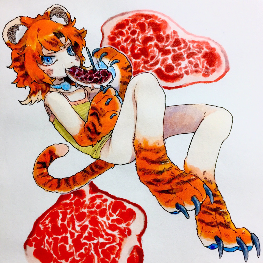 animal_humanoid bottomless clothed clothing dayohiko eating felid felid_humanoid female food hi_res humanoid mammal mammal_humanoid meat pantherine pantherine_humanoid solo striped_body stripes tiger_humanoid traditional_media_(artwork)