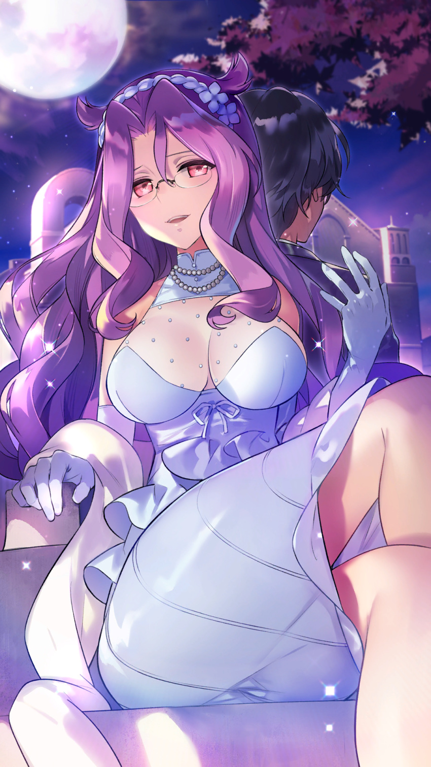 1boy 1girl :d bare_shoulders black_hair blue_sky breasts cleavage cowlick crossed_legs dress elbow_gloves facing_away feet_out_of_frame full_moon girl_cafe_gun glasses gloves hairband hand_up high_collar highres jewelry large_breasts long_hair looking_at_viewer moon necklace night night_sky nola_moon_(girl_cafe_gun) official_art parted_bangs pearl_necklace pencil_dress pink_eyes purple_hair see-through_cleavage shawl sidelighting sitting sky sleeveless sleeveless_dress smile sparkle tree white_dress white_gloves white_hairband white_shawl