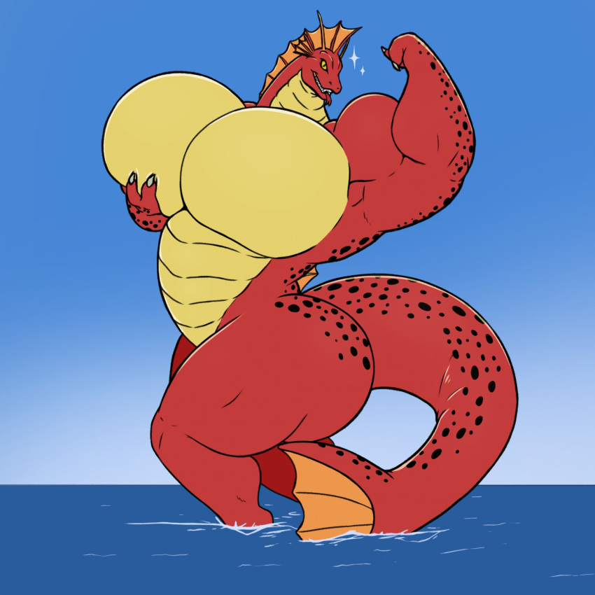 anthro bicep_curl biceps big_butt big_pecs butt claws dinosaur fin flexing flexing_bicep godzilla_(series) hi_res jonswell kaiju looking_at_viewer male marine monster moobs muscular muscular_thighs pecs pose reptile scalie solo tail thick_thighs titanosaurus_(godzilla) toho tongue wide_hips