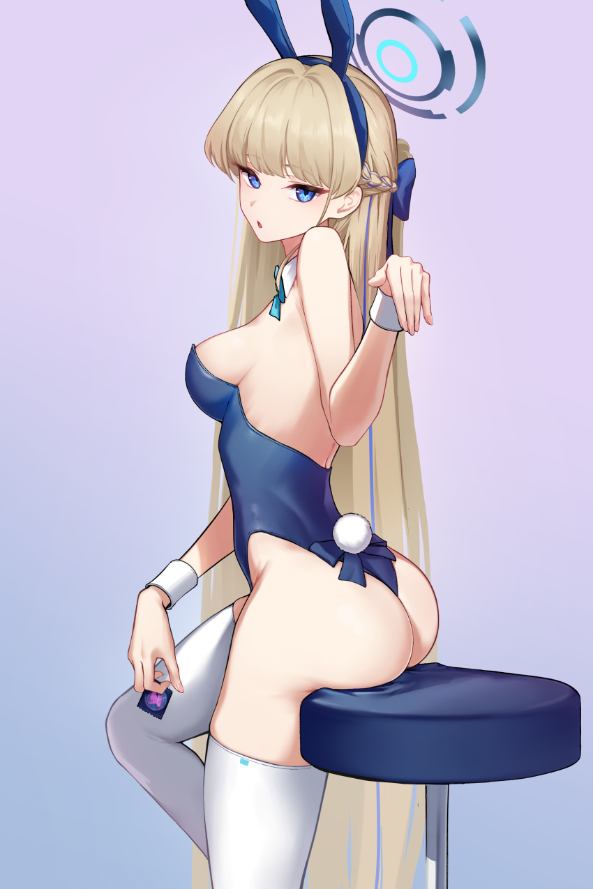 1girl absurdres animal_ears ass blonde_hair blue_archive blue_eyes blue_hair blue_leotard bow bowtie braid breasts condom detached_collar fake_animal_ears halo highres holding holding_condom leotard long_hair looking_at_viewer medium_breasts multicolored_hair official_alternate_costume onuj2$ playboy_bunny rabbit_ears simple_background solo strapless strapless_leotard streaked_hair thighhighs thighs toki_(blue_archive) toki_(bunny)_(blue_archive) very_long_hair white_thighhighs wrist_cuffs