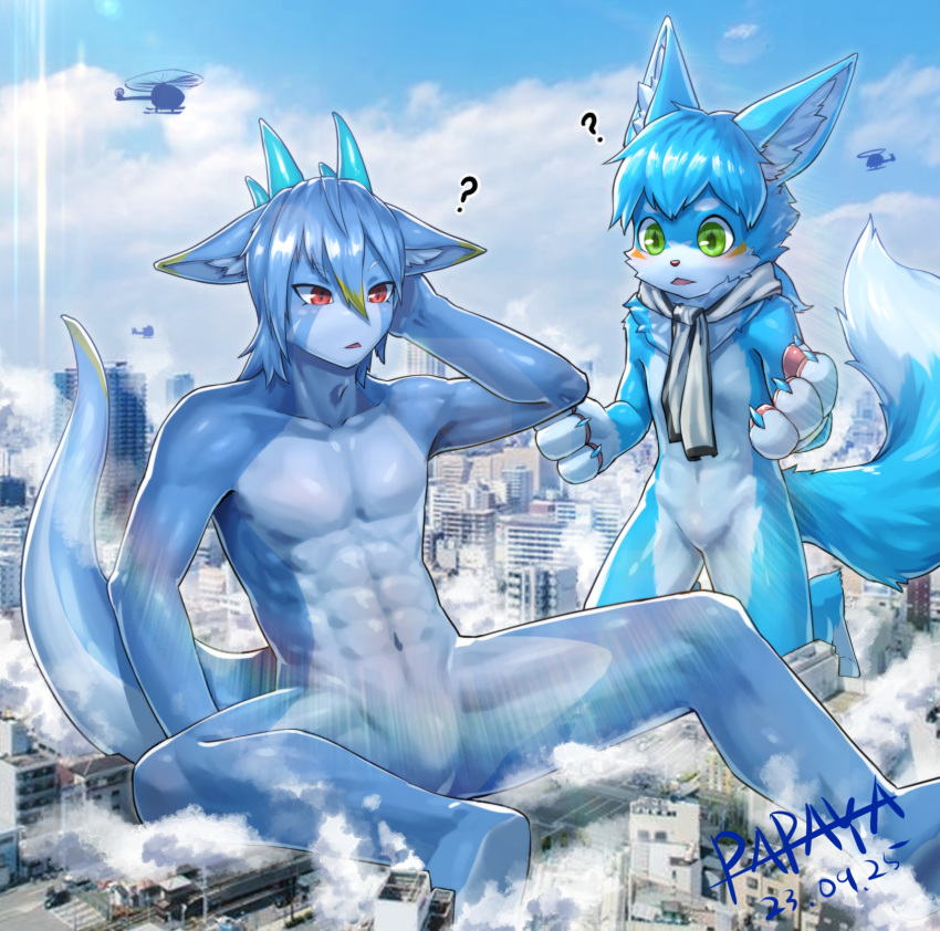 abs anthro blue_body blue_fur blue_hair blue_sky cloud day duo featureless_crotch fur glistening glistening_eyes green_eyes hair hi_res kneeling macro male navel nude open_mouth outside papayafurry pecs red_eyes sitting sky species_request young