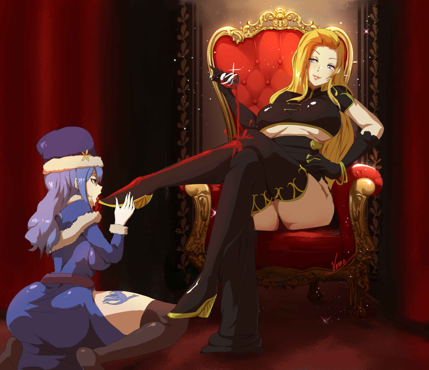 2girls absurdres alcohol blonde_hair blue_hair boots breasts chair chinese_clothes commentary_request commission cup drinking_glass fairy_tail from_behind highres juvia_lockser licking licking_foot multiple_girls non-web_source original queen slave throne underboob wine wine_glass