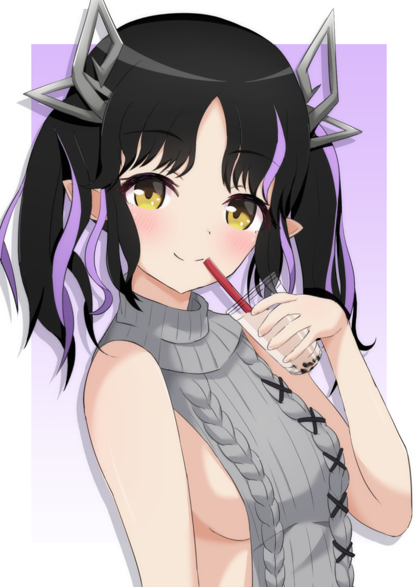 1girl aran_sweater black_hair blush breasts bubble_tea cable_knit closed_mouth commentary_request cup demon_girl demon_horns disposable_cup drinking_straw dutch_angle gradient_background grey_sweater highres holding holding_cup horns kojo_anna kojo_anna_(3rd_costume) looking_at_viewer medium_bangs medium_breasts medium_hair meme_attire multicolored_hair nanashi_inc. official_alternate_costume pointy_ears purple_background purple_hair ribbed_sweater sideboob sleeveless sleeveless_sweater smile solo split_mouth sweater turtleneck turtleneck_sweater twintails two-tone_hair upper_body virgin_killer_sweater virtual_youtuber white_background yamapiyo yellow_eyes