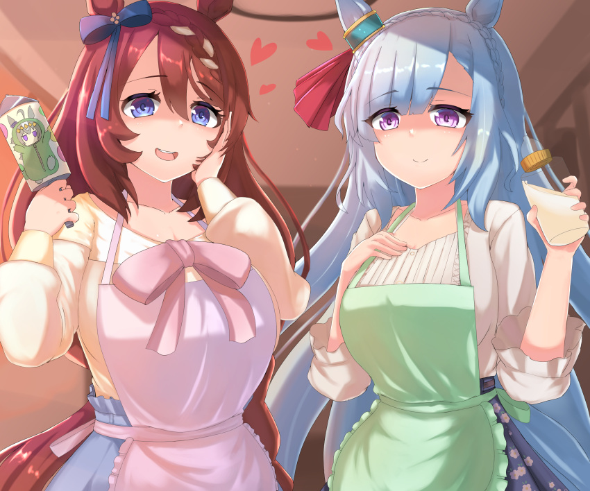 animal apron baby blurry bottle braid breasts casual cleavage collarbone crown highres horse marimo_maru mejiro_ardan_(umamusume) pov rattle stream super_creek_(umamusume) tail