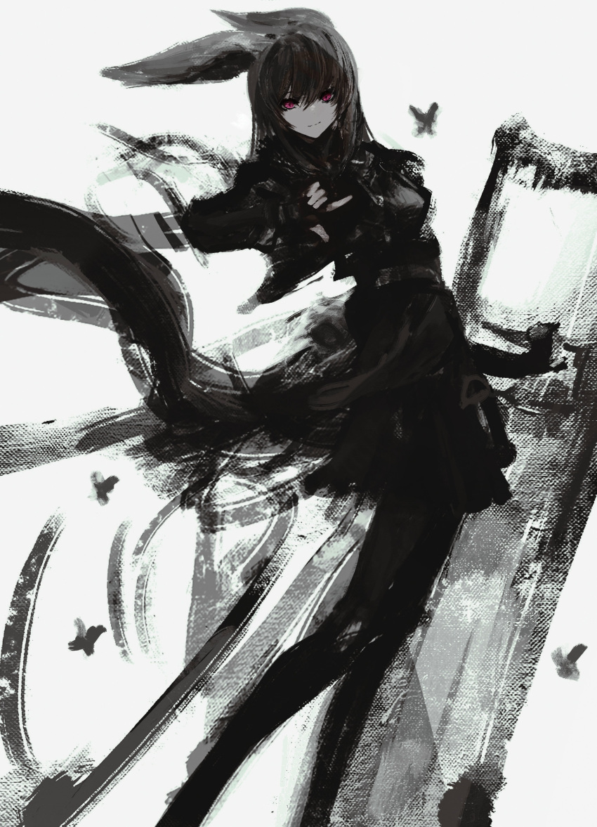 1girl absurdres animal_ears dress gloves greyscale highres long_hair long_sleeves looking_at_viewer monochrome original rabbit_ears red_eyes simple_background smirk solo spot_color tuda6