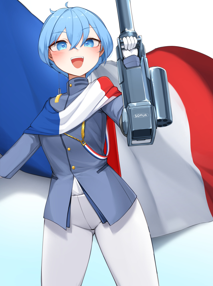 absurdres blue_eyes blue_hair blush daebom french_flag highres military_uniform original smile somua_sm_(daebom) tagme uniform war_thunder