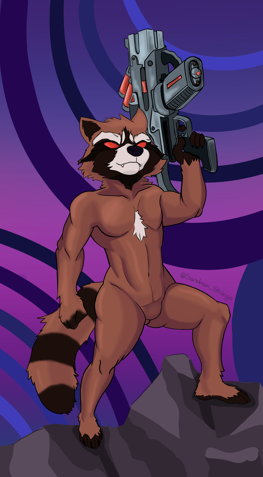 absurd_res anthro chest_tuft featureless_crotch guardians_of_the_galaxy gun hi_res male mammal marvel nude procyonid raccoon ranged_weapon rocket_raccoon sandman_strange solo solo_focus tuft weapon