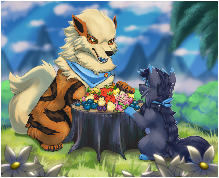 ambiguous_gender arcanine bandanna clawed_fingers claws detailed_background duo ezpups fangs feral flower fluffy fluffy_tail food fruit generation_1_pokemon generation_5_pokemon grass handpaw hi_res hindpaw kerchief nintendo outside paws plant pokemon pokemon_(species) sharp_teeth sitting smile snout tail teeth toe_claws tree_stump zorua