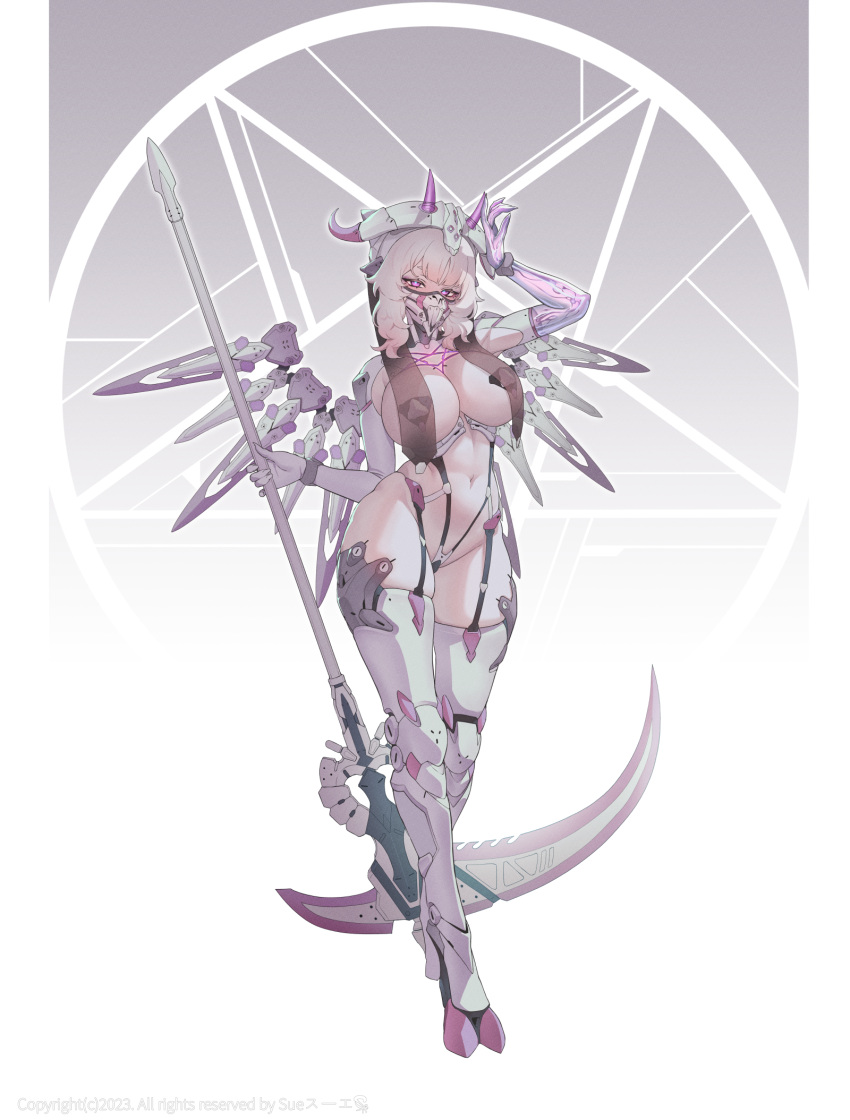 1girl breasts cleavage full_body highres holding holding_scythe holding_weapon horns large_breasts long_hair looking_at_viewer mask mecha_musume mechanical_wings navel original pasties purple_eyes revealing_clothes scythe solo suerte weapon white_hair wings