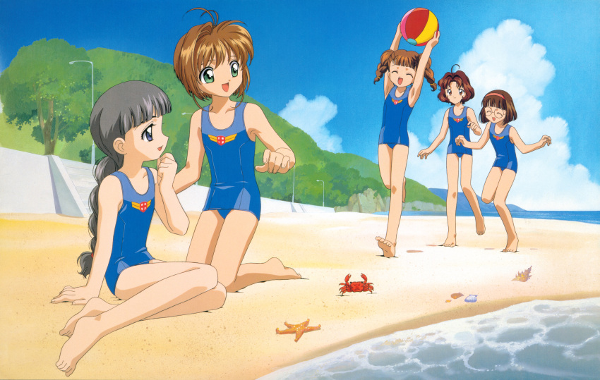 5girls absurdres ball barefoot beach beachball blue_sky brown_hair cardcaptor_sakura child cloud crab daidouji_tomoyo feet friends happy highres kinomoto_sakura legs mihara_chiharu multiple_girls ocean official_art open_mouth sand sasaki_rika school_swimsuit short_hair sky starfish swimsuit toes tree water yanagisawa_naoko