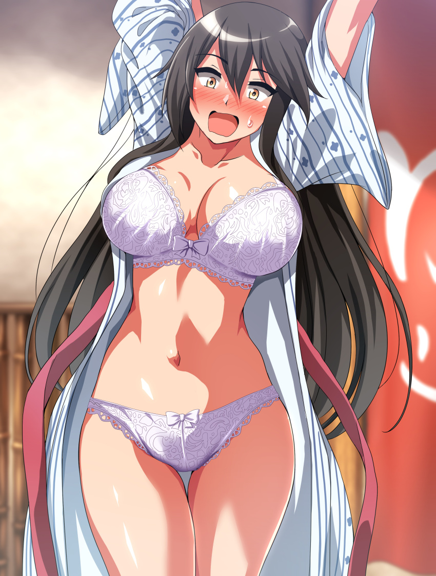 1girl absurdres alternate_costume arms_up bath_yukata black_hair blush bouncing_breasts bra breasts brown_eyes cleavage commentary_request commission dilated_pupils feet_out_of_frame haruna_(kancolle) highres japanese_clothes kantai_collection kimono large_breasts long_hair mouth_hold nose_blush open_clothes open_kimono open_mouth panties pixiv_commission solo surprised thigh_gap underwear white_bra white_panties yukata zanntetu