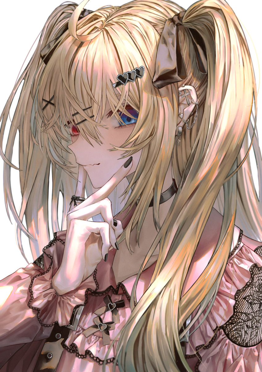 absurdres black_nails blonde_hair blue_eyes commission earrings hair_ornament heart heart_hair_ornament heterochromia highres jewelry jirai_kei long_hair long_sleeves looking_at_viewer original pink_shirt red_eyes safutsuguon shirt skeb_commission smile twintails white_background