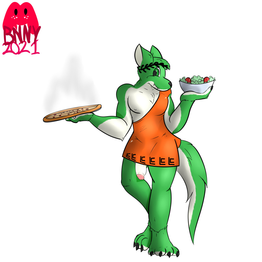 1:1 2021 absurd_res anthro biped black_claws bowl canid canine canis cesar_(cesaroma71) claws clothing container cosplay flaccid food fur fur_markings genitals glans green_body green_ears green_eyes green_fur green_tail hi_res holding_bowl holding_container holding_food holding_object holding_pizza humanoid_genitalia humanoid_penis laurel_wreath little_caesars male mammal markings multicolored_body multicolored_ears multicolored_fur orange_clothing paws penis pizza salad signature solo succubusbnny tail toga topwear two_tone_body two_tone_ears two_tone_fur two_tone_tail white_body white_ears white_fur white_tail wolf