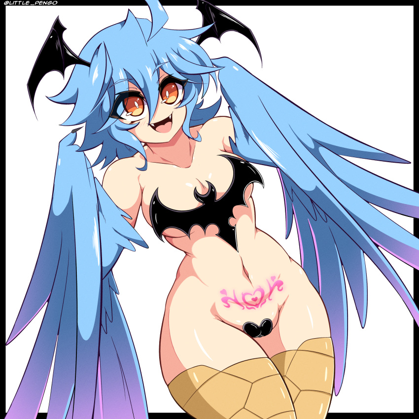 1girl absurdres ahoge artist_name bat_wings bird_legs black_border blue_feathers blue_hair blue_wings blush border breasts commentary english_commentary fangs feathered_wings feathers hair_between_eyes harpy head_wings heart heart_maebari heart_tattoo highres littlepengo long_hair maebari monster_girl monster_musume_no_iru_nichijou navel open_mouth papi_(monster_musume) pubic_tattoo scales sidelocks small_breasts solo tattoo tongue winged_arms wings yellow_eyes