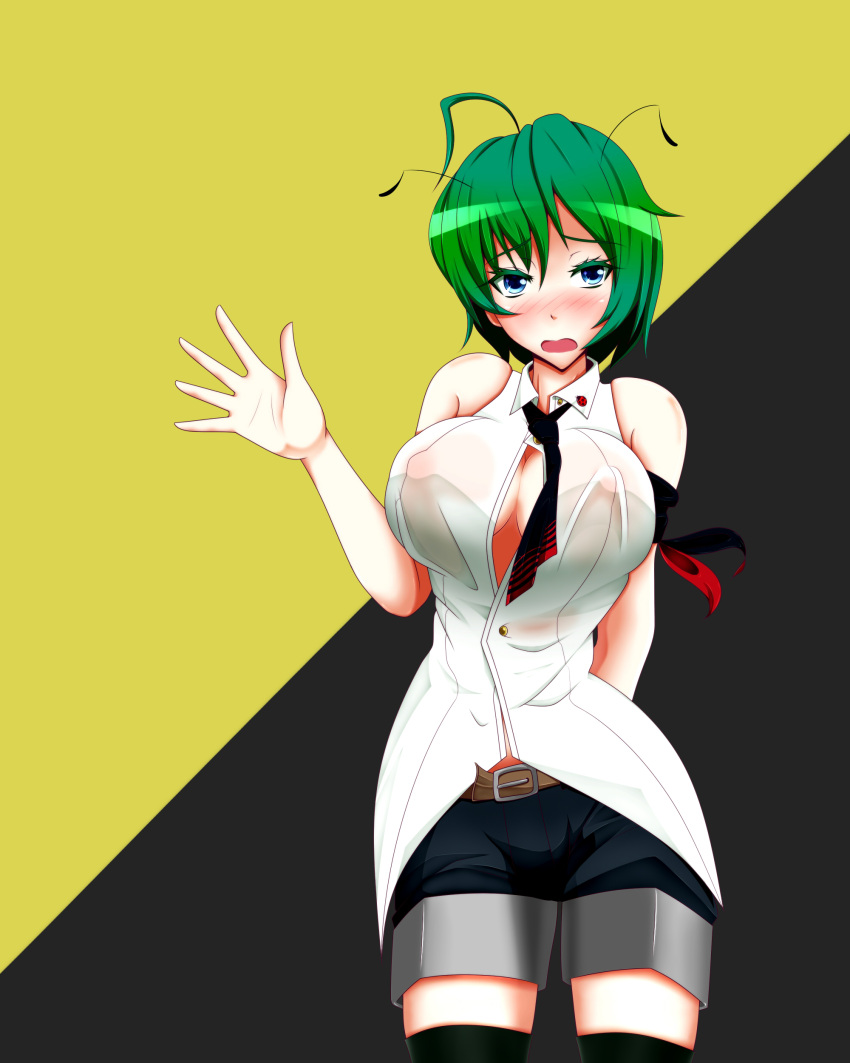 1girl absurdres ahoge antennae arm_behind_back bare_shoulders belt black_background black_shorts black_thighhighs blush breasts button_gap collared_shirt commentary_request covered_nipples green_eyes green_hair highres inagoya large_breasts looking_at_viewer open_mouth shirt shorts solo thighhighs touhou two-tone_background white_shirt wriggle_nightbug yellow_background