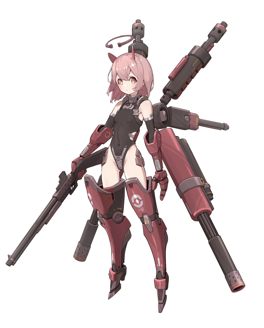 1girl absurdres black_leotard blush bob_cut boots breasts covered_navel expressionless full_body gun hair_between_eyes halo hano_(1507197602) highres holding holding_weapon horns leotard looking_at_viewer machinery mecha_musume mechanical_arms mechanical_boots mechanical_halo mechanical_horns orange_eyes original pink_hair rifle simple_background small_breasts solo thigh_boots weapon white_background