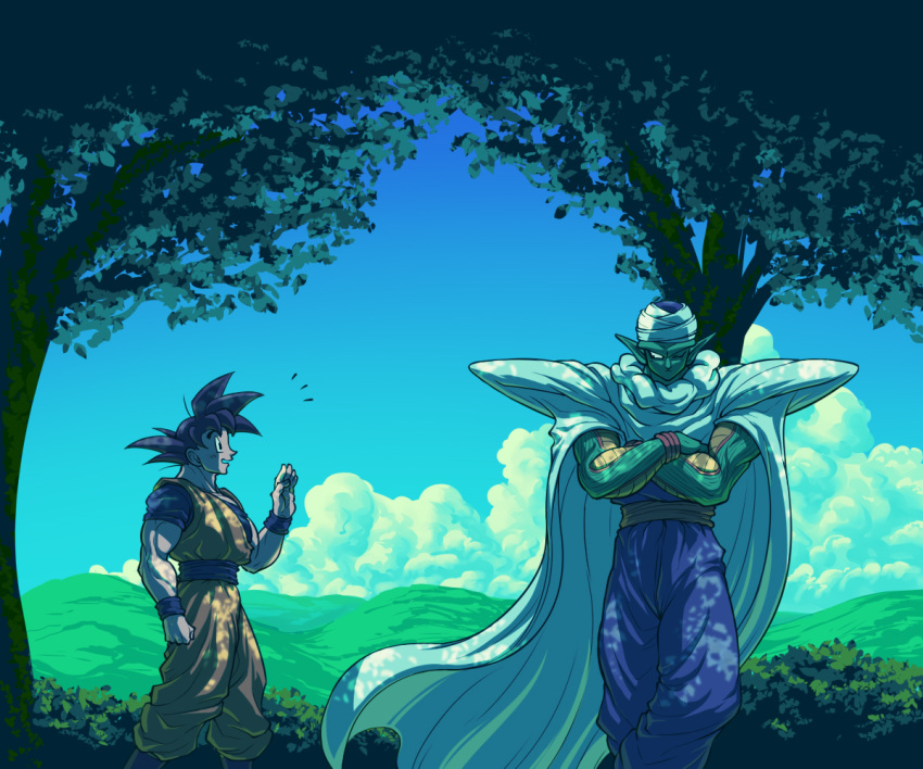 2boys baggy_pants biceps black_hair blue_sash blue_shirt blue_sky blue_wristband blush bush cape cloud colored_skin commentary_request crossed_arms day dougi dragon_ball dragon_ball_z green_skin hand_up koukyouji looking_at_another male_focus mountain multiple_boys muscular muscular_male namekian notice_lines one_eye_closed open_mouth orange_pants outdoors pants piccolo pointy_ears profile purple_pants sash shade shirt short_sleeves shoulder_pads sideways_glance sky smile son_goku spiked_hair tree turban waving white_cape wristband