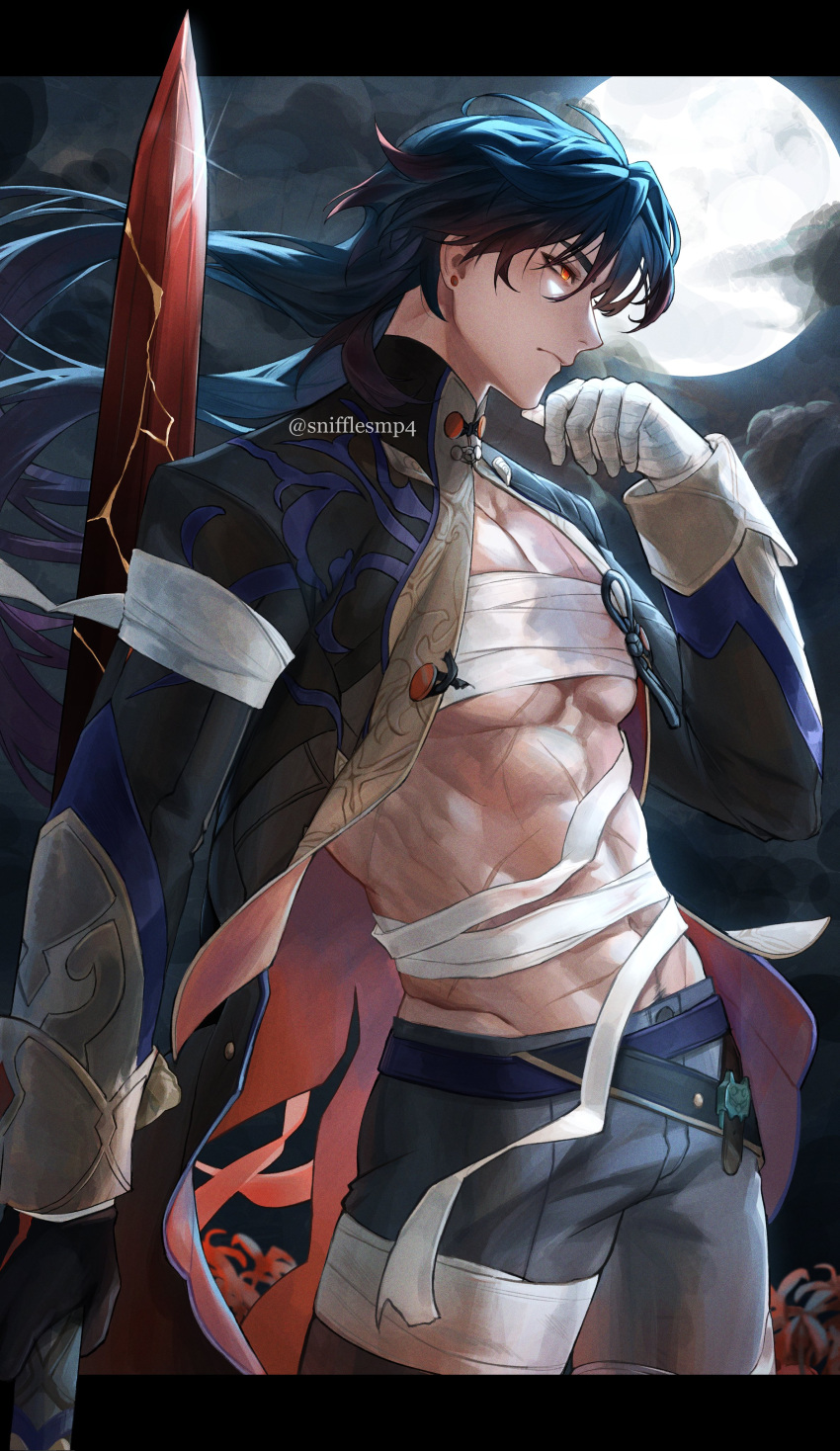 1boy absurdres arm_at_side artist_name bandaged_arm bandaged_hand bandaged_leg bandages belt black_belt black_gloves black_jacket blade_(honkai:_star_rail) blue_belt blue_hair buttons chest_sarashi chinese_clothes closed_mouth cloud commentary cowboy_shot dark_blue_hair earrings english_commentary floating_hair flower full_moon glint gloves glowing glowing_eyes gradient_hair grey_pants hand_up highres hip_bones holding holding_sword holding_weapon honkai:_star_rail honkai_(series) jacket jewelry letterboxed long_hair long_sleeves male_focus mandarin_collar moon multicolored_hair navel night night_sky open_clothes open_jacket outdoors pants parted_bangs pectorals red_eyes red_flower sarashi scar scar_on_chest scar_on_stomach serious sidelocks single_glove sky sleeve_cuffs snifflesmp4 solo spider_lily standing stomach sword too_many_scars twitter_username weapon
