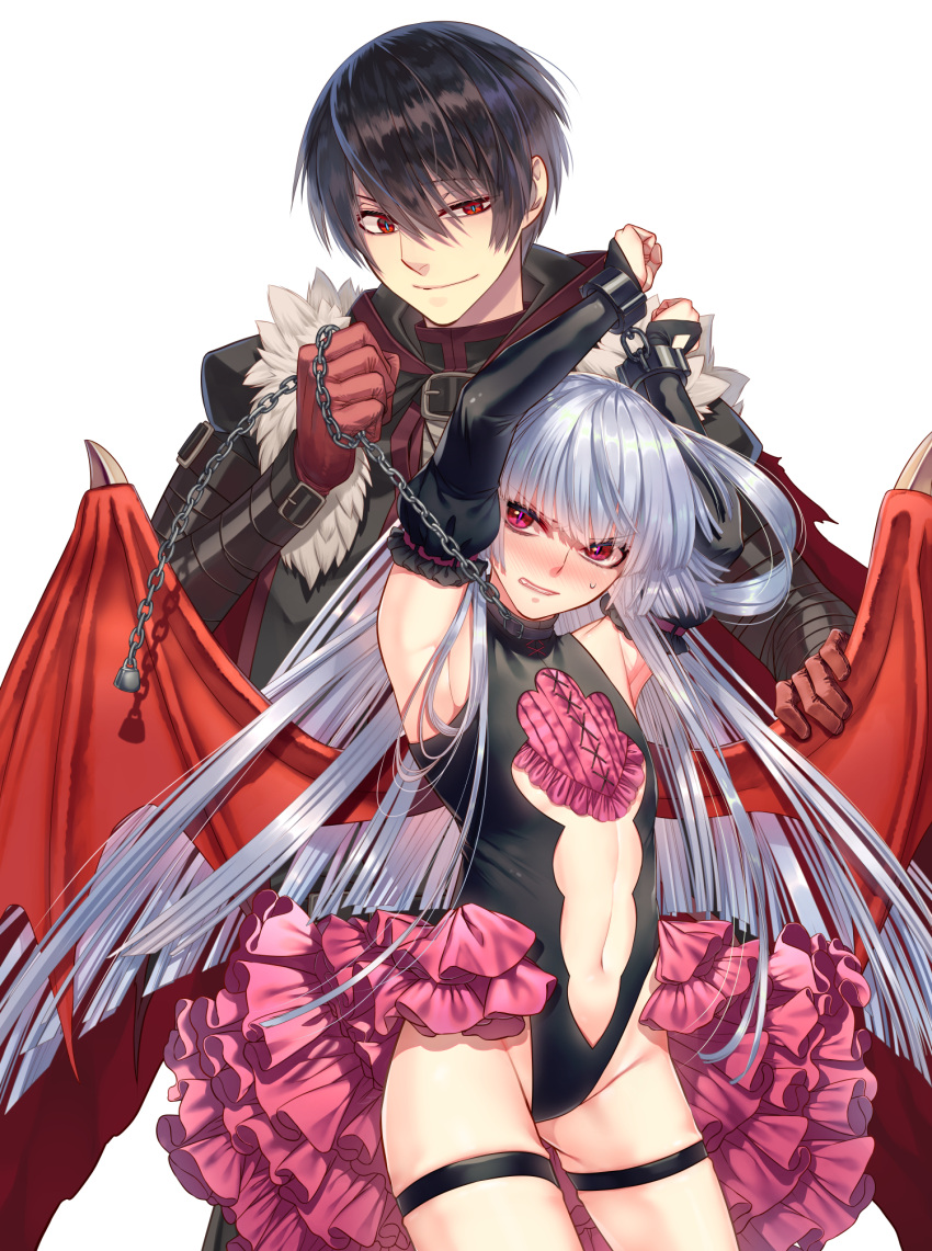 1boy 1girl arm_belt armpits arms_up bare_legs belly belt belt_buckle black_hair black_leotard blue_pupils blunt_ends blush buckle cape chain closed_mouth clothing_cutout collar commentary cover_image cowboy_shot demon_wings detached_sleeves embarrassed flat_chest frilled_skirt frills fukushuu_wo_koinegau_saikyou_yuusha_wa_yami_no_chikara_de_senmetsu_musou_suru fur_trim gloves grabbing_another's_wing grey_hair hair_between_eyes hair_spread_out half-closed_eye hand_up height_difference highres holding holding_chain leotard long_hair long_sleeves looking_at_another medium_skirt mixed-language_commentary multiple_thigh_straps navel nose_blush official_art parted_lips pink_eyes pink_skirt purple_pupils raoul_evans red_cape red_eyes red_gloves red_ribbon red_wings restrained ribbon ribbon-trimmed_sleeves ribbon_trim sakamoto_akira short_hair showgirl_skirt simple_background skirt sleeves_past_wrists slit_pupils smile standing stomach_cutout sweatdrop textless_version theodora_(fukushuu_wo_koinegau_saikyou_yuusha_wa_yami_no_chikara_de_senmetsu_musou_suru) thigh_strap very_long_hair white_background wings wrist_belt wrist_cuffs
