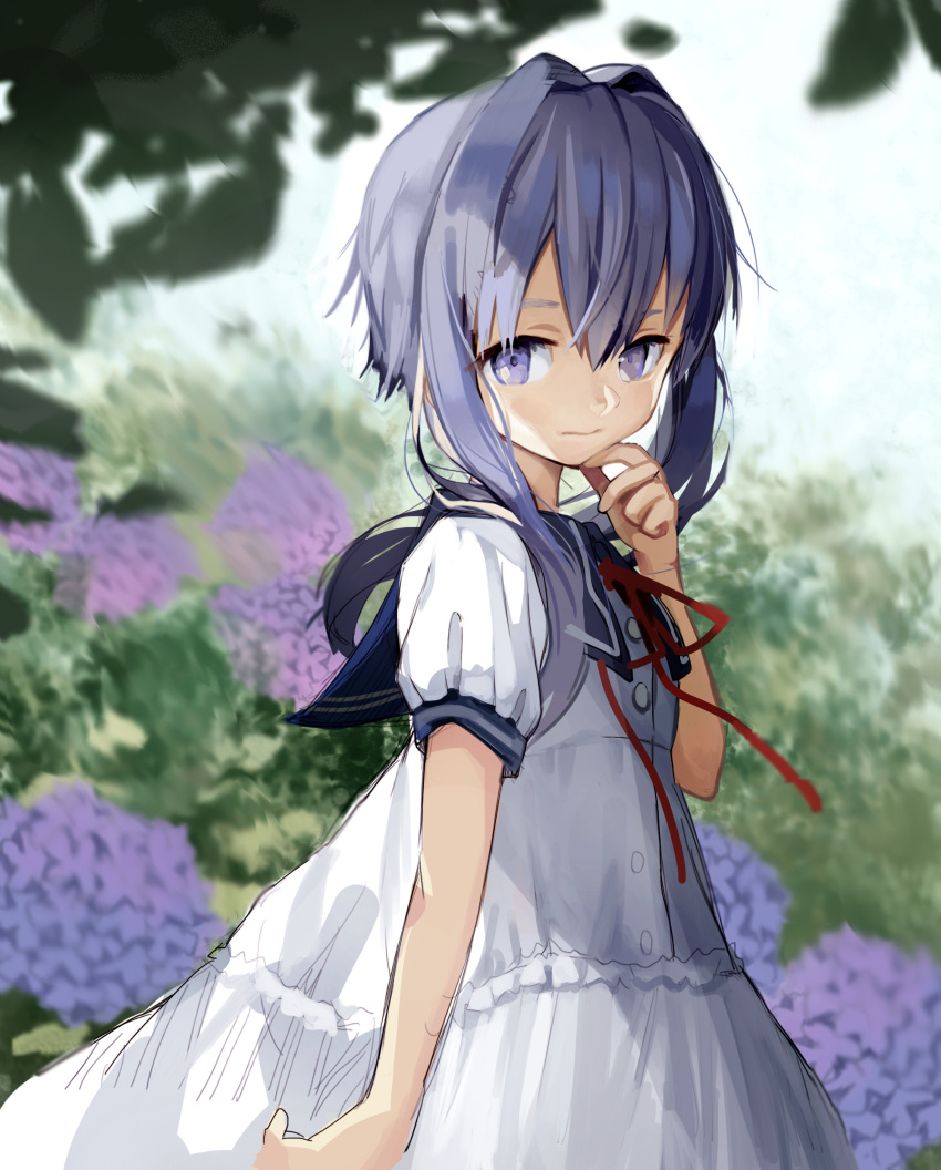 1girl absurdres blue_sailor_collar blurry blurry_background collared_dress commentary dress expressionless flower hair_intakes hand_on_own_chin highres hydrangea kari_kenji neck_ribbon outdoors purple_eyes purple_hair red_ribbon ribbon sailor_collar short_hair_with_long_locks short_sleeves sidelocks sideways_glance solo upper_body vocaloid voiceroid white_dress yuzuki_yukari