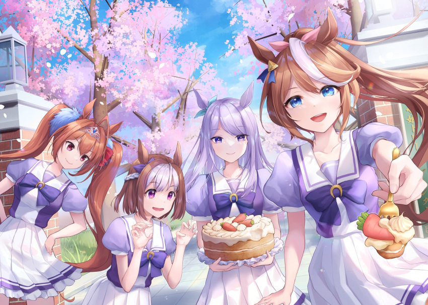 4girls animal_ears bow bowtie brown_hair cake carrot_cake cherry_blossoms chinese_commentary chocofox daiwa_scarlet_(umamusume) food highres holding holding_cake holding_food horse_ears horse_girl horseshoe_ornament incoming_food light_purple_hair mejiro_mcqueen_(umamusume) miniskirt multicolored_hair multiple_girls outdoors over-kneehighs pleated_skirt puffy_short_sleeves puffy_sleeves purple_bow purple_bowtie purple_shirt sailor_collar sailor_shirt school_uniform serafuku shirt short_sleeves skirt special_week_(umamusume) streaked_hair summer_uniform thighhighs tokai_teio_(umamusume) tracen_school_uniform twintails umamusume white_hair white_skirt white_thighhighs