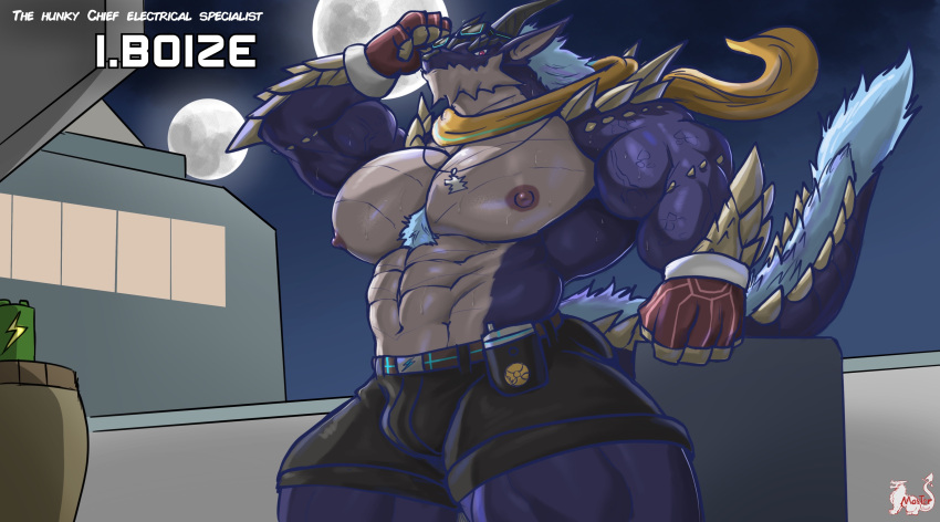 9:5 abs absurd_res anthro areola bottomwear bulge clothed clothing countershade_face countershade_neck countershade_torso countershading dragon english_text hi_res horn male masterelrest muscular muscular_anthro muscular_male nipples pecs shorts solo tail text