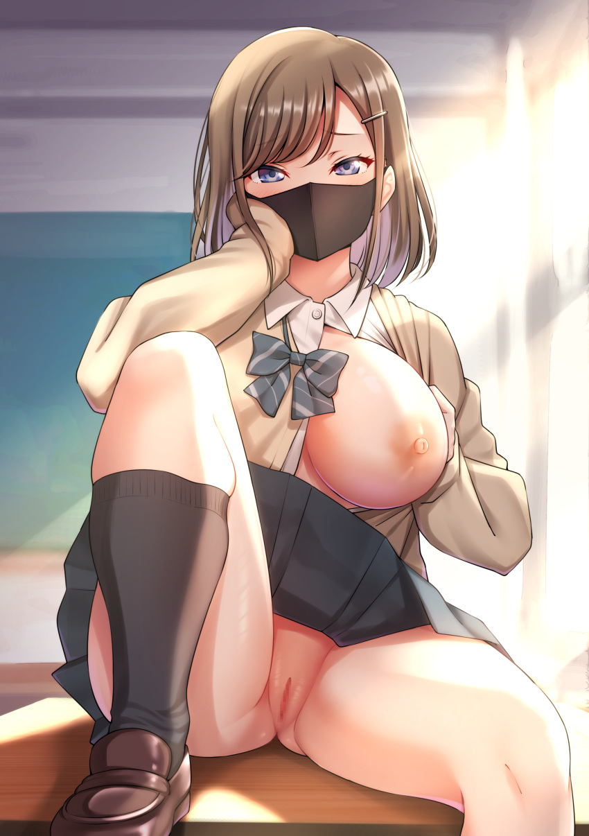 1girl absurdres black_socks blue_eyes breasts brown_hair censored desk hair_ornament hairpin hand_on_own_cheek hand_on_own_face highres looking_at_viewer mask mibushiro mosaic_censoring mouth_mask nipples no_panties on_desk one_breast_out original pleated_skirt pussy school_uniform short_hair sitting sitting_on_desk skirt socks solo spread_legs underwear upskirt