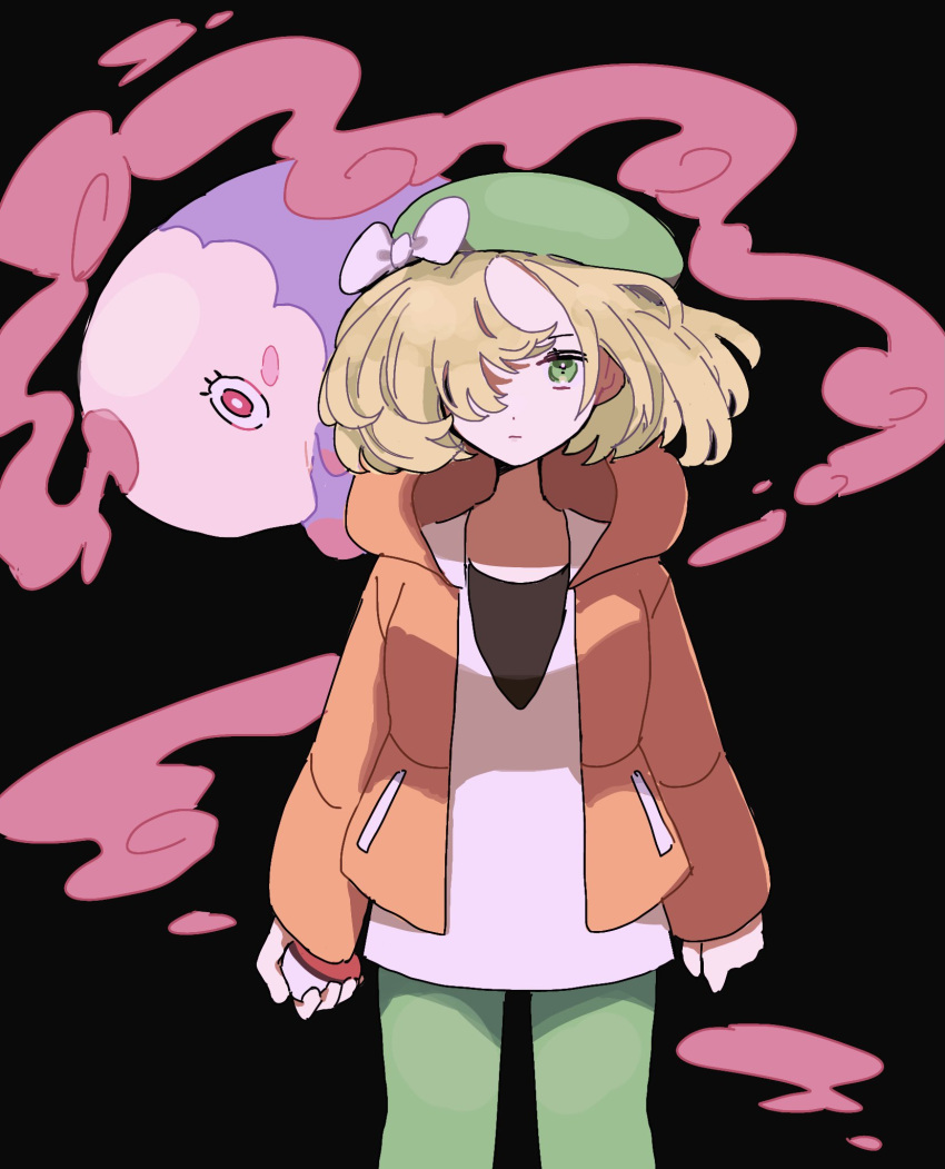 1girl beret bianca_(pokemon) black_background blonde_hair bow eneko_(olavcnkrpucl16a) green_eyes green_headwear green_pants hat hat_bow highres holding holding_poke_ball hood hooded_jacket jacket long_sleeves musharna no_eyewear open_clothes open_jacket orange_jacket pants poke_ball poke_ball_(basic) pokemon pokemon_(creature) pokemon_(game) pokemon_bw2 shirt short_hair white_bow white_shirt