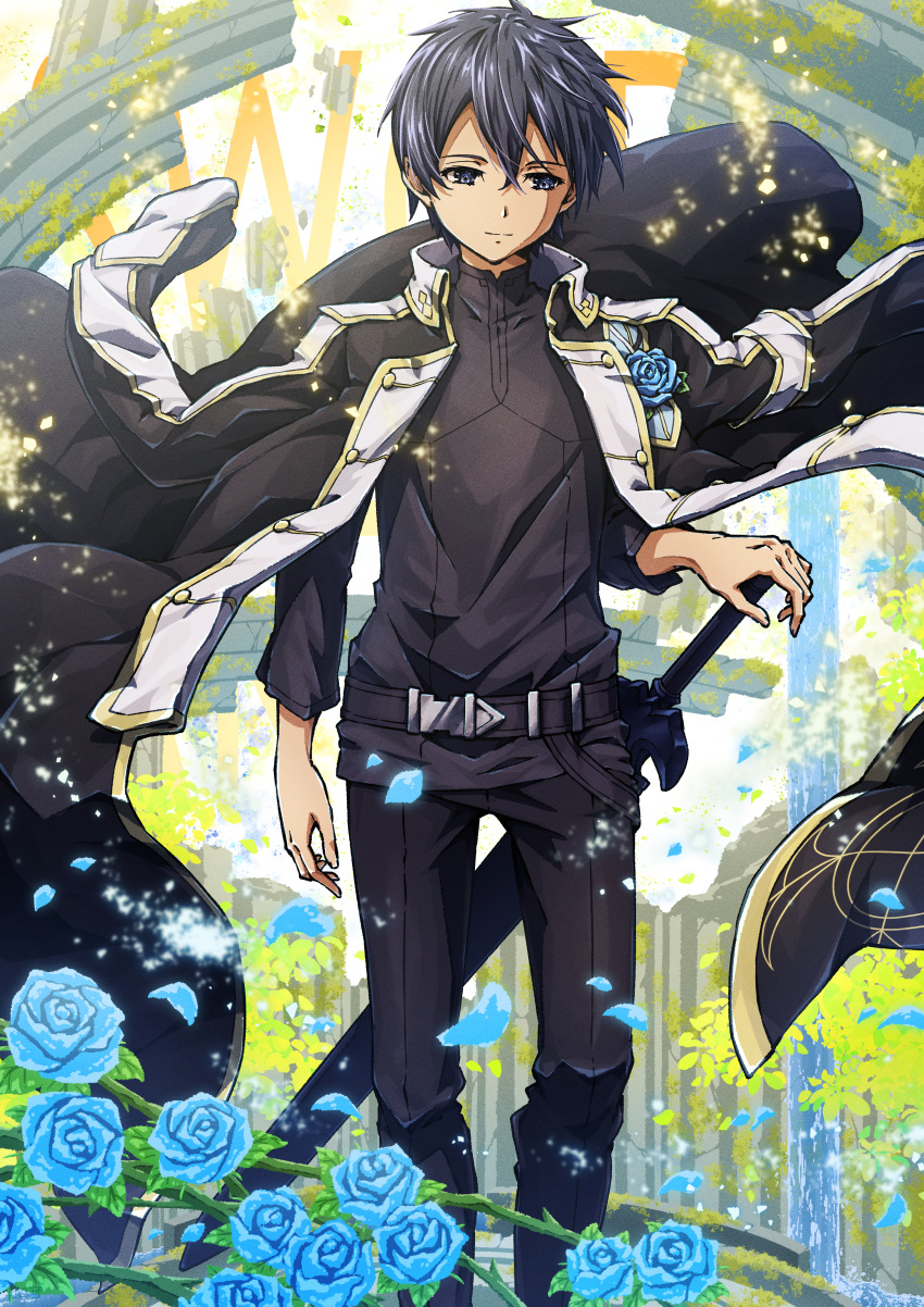 1boy absurdres belt black_belt black_coat black_eyes black_pants black_shirt blue_flower blue_rose coat coat_on_shoulders flower hand_on_hilt highres kirito oboro_neko pants rose sheath sheathed shirt solo standing sword sword_art_online weapon