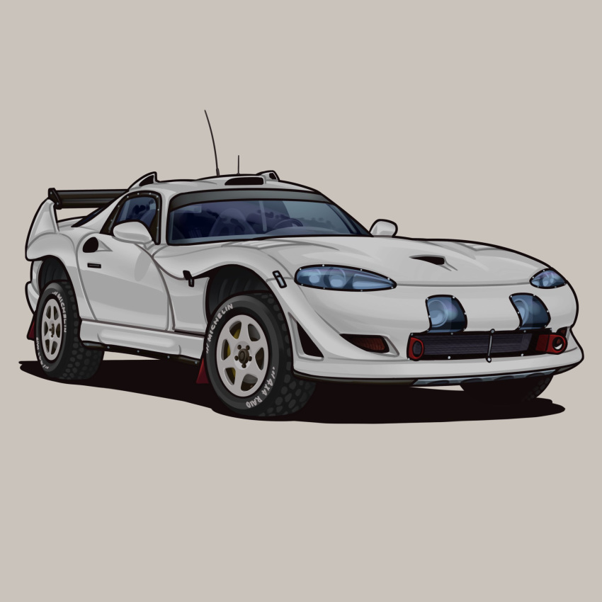 arhentol car dodge_(company) dodge_viper grey_background highres motor_vehicle no_humans original radio_antenna shadow spoiler_(automobile) sports_car vehicle_focus white_car