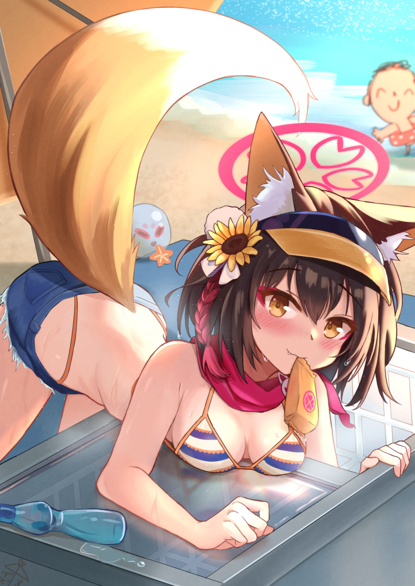 1girl absurdres animal_ear_fluff animal_ears arona's_sensei_doodle_(blue_archive) beach bikini bikini_top_only blue_archive blue_shorts breasts brown_hair commentary_request denim denim_shorts eyeshadow flower food_in_mouth fox_ears fox_girl fox_tail hair_flower hair_ornament halo highleg highleg_bikini highres izuna_(blue_archive) izuna_(swimsuit)_(blue_archive) kuroliu_9021 leaning_forward makeup micro_shorts microskirt mouth_hold ocean official_alternate_costume red_eyeshadow red_halo red_scarf scarf sensei_(blue_archive) short_hair shorts skirt small_breasts solo_focus string_bikini striped striped_bikini sunflower sunflower_hair_ornament swimsuit tail visor_cap yellow_eyes