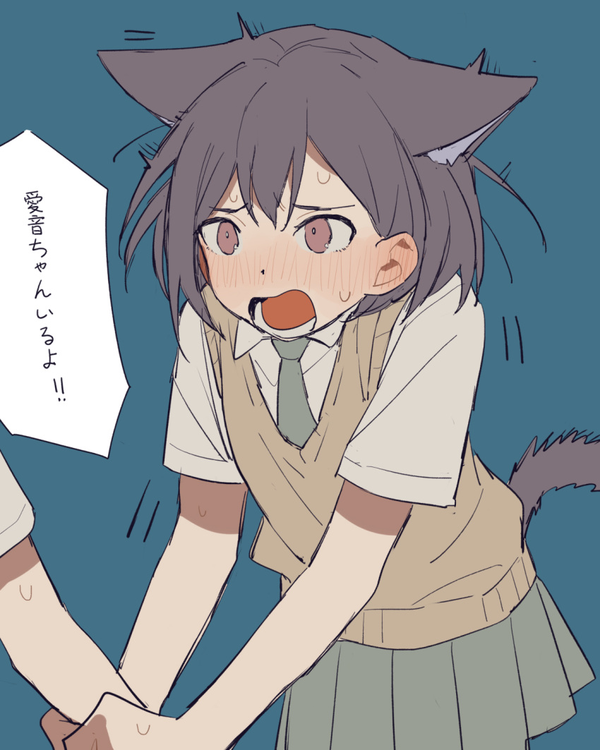 2girls animal_ears bang_dream! blue_background blush brown_eyes brown_sweater_vest cat_ears cat_girl cat_tail coldcat. collared_shirt cowboy_shot dot_nose green_necktie green_skirt grey_hair hair_between_eyes highres holding_another's_wrist kemonomimi_mode looking_at_another lower_teeth_only medium_hair motion_lines multiple_girls necktie nose_blush open_mouth out_of_frame pleated_skirt school_uniform shirt short_sleeves simple_background skirt solo_focus sweater_vest tail takamatsu_tomori teeth