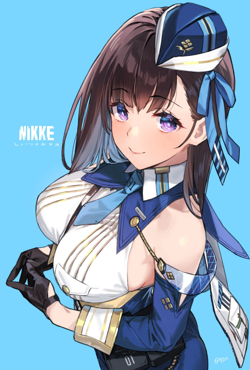1girl 92m artist_name belt_pouch between_breasts black_gloves blue_headwear blue_necktie blue_ribbon blue_sleeves breasts brown_hair clothes_writing collared_shirt copyright_name detached_sleeves garrison_cap gloves goddess_of_victory:_nikke hair_ribbon hat highres interlocked_fingers large_breasts light_blush long_hair looking_at_viewer marian_(nikke) necktie pouch purple_eyes ribbon shirt short_necktie sideboob simple_background smile solo strap strap_between_breasts tilted_headwear