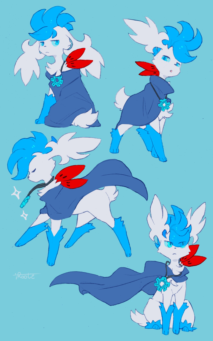 absurd_res cloak clothing feral generation_4_pokemon hi_res jewelry legendary_pokemon male model_sheet necklace nintendo pokemon pokemon_(species) shaymin sitting sky_forme_shaymin solo unknown_artist