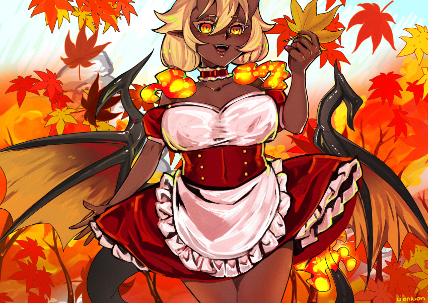 absurd_res autumn big_breasts blonde_hair breasts brown_horn choker clothed clothing dark_body dark_skin demon demon_humanoid dress eyelashes female fire flaming_hair flaming_tail hair hi_res holding_leaf horn horned_humanoid huge_breasts humanoid humanoid_pointy_ears jewelry leaf lionrion looking_at_viewer membrane_(anatomy) membranous_wings monster_girl_(genre) monster_girl_encyclopedia necklace open_mouth open_smile orange_eyes orange_wings pseudo_hair pupils pyrow_(mge) red_clothing red_dress slit_pupils smile solo tail tailed_humanoid thick_thighs white_clothing white_dress wide_hips winged_humanoid wings