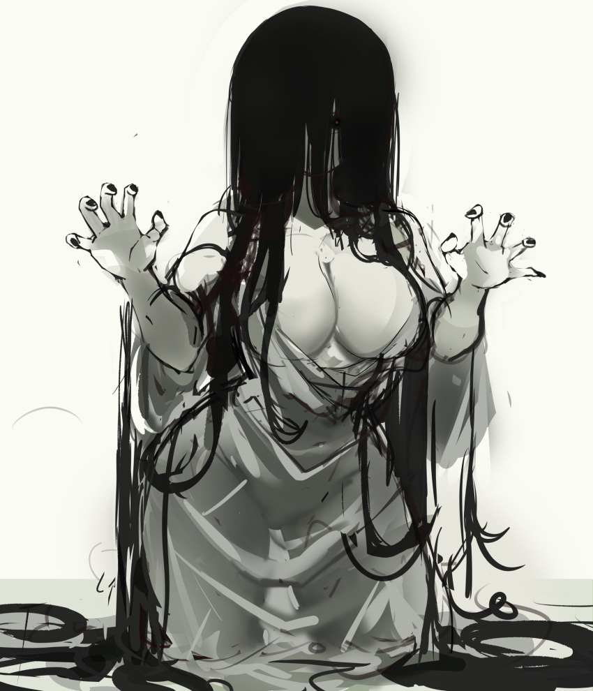 1girl backlighting breasts claw_pose cleavage collarbone dress hair_over_eyes hair_over_face highres horror_(theme) large_breasts off_shoulder rakeemspoon see-through see-through_dress see-through_silhouette solo standing the_ring white_background white_dress yamamura_sadako