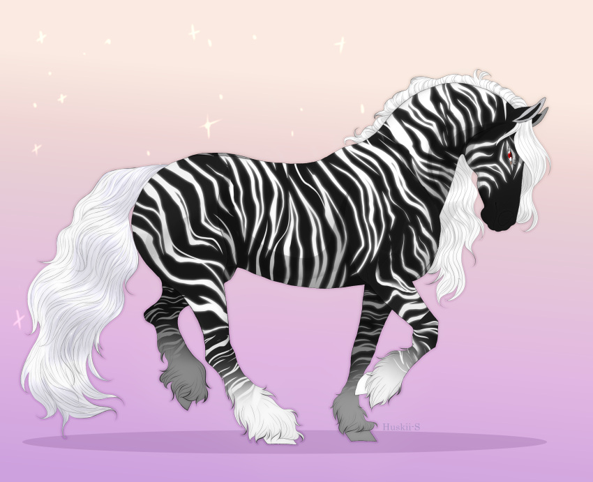 absurd_res ambiguous_gender artist_name black_body black_fur equid equine feral full-length_portrait fur hi_res hooves horse huskii-s looking_at_viewer mammal mane mouth_closed portrait red_eyes side_view simple_background solo striped_back striped_body striped_legs striped_neck stripes tail white_body white_fur white_hooves white_mane white_stripes white_tail