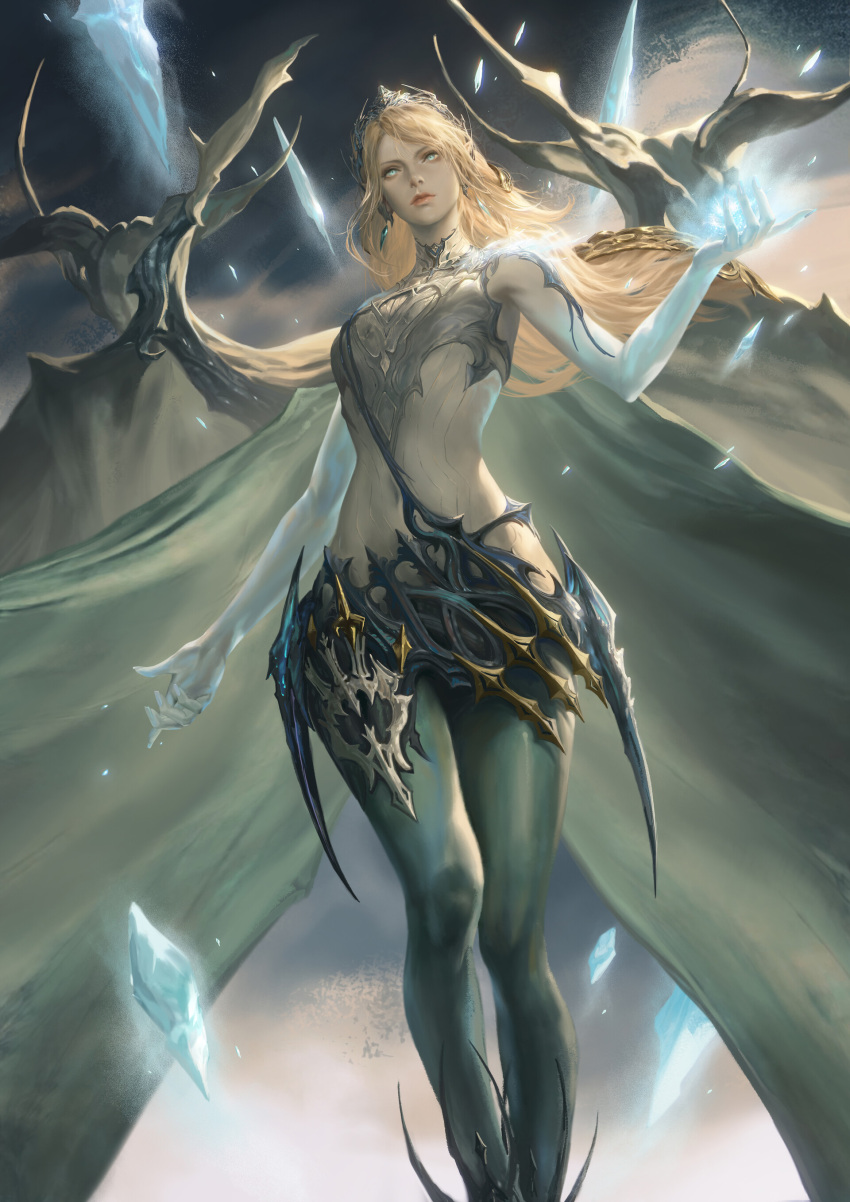 1girl absurdres armor armpits blue_eyes blue_skin breastplate colored_skin covered_navel earrings erry final_fantasy final_fantasy_xvi floating floating_hair floating_object from_below full_body gradient_skin hair_ornament highres ice_shard jewelry jill_warrick long_hair pointy_ears shiva_(final_fantasy) skin_tight solo tiara white_hair