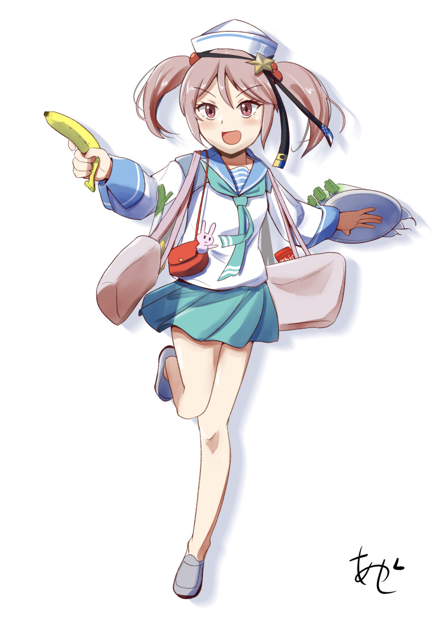 1girl akashieru aqua_neckerchief aqua_skirt banana black_ribbon blue_sailor_collar cosplay dixie_cup_hat food fruit full_body hair_bobbles hair_ornament hat hat_ribbon highres holding holding_food holding_fruit holding_tray kantai_collection long_sleeves military_hat miniskirt navy_cross neckerchief open_mouth pink_eyes pink_hair pleated_skirt ribbon sailor_collar samuel_b._roberts_(kancolle) samuel_b._roberts_(kancolle)_(cosplay) sazanami_(kancolle) school_uniform serafuku shirt short_hair skirt sleeve_cuffs standing standing_on_one_leg tray twintails white_headwear white_shirt