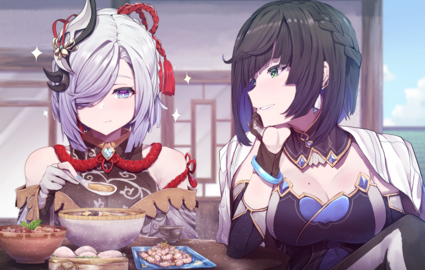 2girls :d alternate_costume architecture arm_support baozi black_hair blunt_bangs bowl braid breasts chinese_clothes cleavage commentary_request crown_braid detached_sleeves earrings east_asian_architecture food genshin_impact green_eyes grey_eyes grey_hair hair_over_one_eye head_rest holding holding_spoon jacket jacket_on_shoulders jewelry large_breasts long_bangs long_hair long_sleeves looking_at_another mole mole_on_breast multiple_girls noodles open_clothes open_jacket parted_lips plate ramen rope sakishimadara shenhe_(genshin_impact) shimenawa short_hair sidelocks single_braid smile spoon yelan_(genshin_impact)