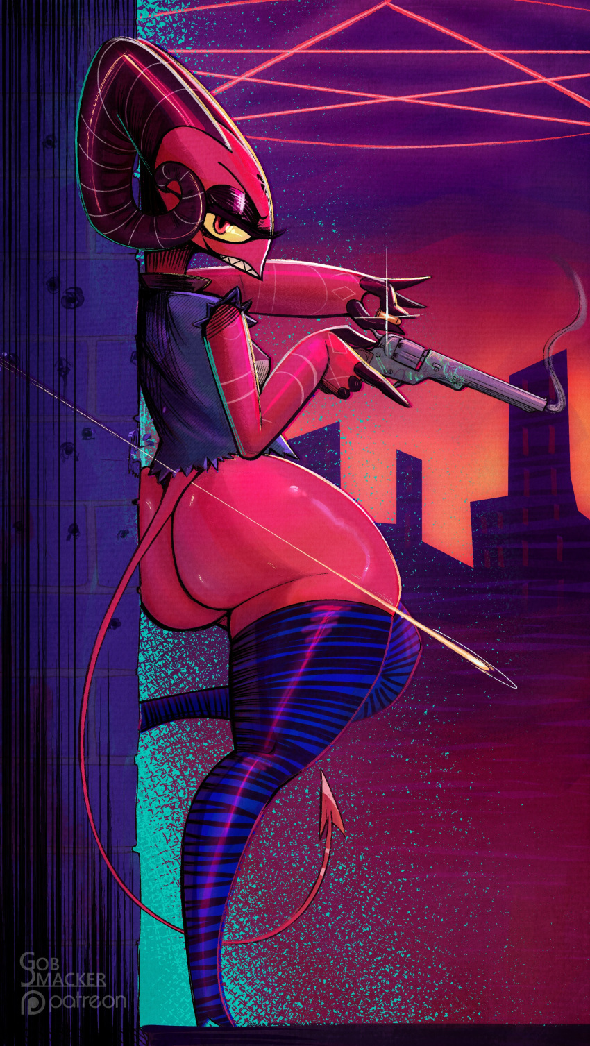 absurd_res anthro barbie_(helluva_boss) big_butt birthmark breasts butt claws clothed clothing detailed_background female gobsmacker gun helluva_boss hi_res holding_object holding_weapon horn humanoid imp markings narrowed_eyes open_mouth open_smile partially_clothed ranged_weapon red_body red_eyes shooting smile solo thick_thighs weapon