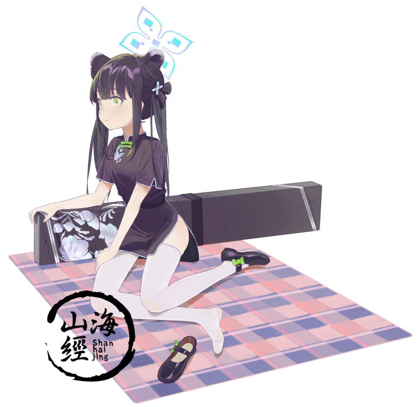 1girl animal_ear_fluff animal_ears black_dress black_footwear black_hair blue_archive blunt_bangs china_dress chinese_clothes commentary_request dress full_body green_eyes halo highres legs long_hair mary_janes shoes shoes_removed short_sleeves shun_(blue_archive) shun_(small)_(blue_archive) simple_background single_shoe sitting solo thighhighs thighs tiger_ears tiger_girl twintails weapon_case white_background white_thighhighs zippo_(2387576974)