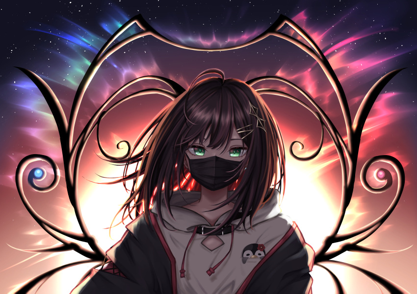 1girl absurdres ahoge black_jacket black_mask brown_hair commentary_request dynr-cloly floating_hair green_eyes hair_between_eyes hair_ornament hairclip highres hizuki_yui hood hoodie jacket long_hair looking_at_viewer mask mouth_mask neo-porte open_clothes open_jacket sky solo sparkle_hair_ornament star_(sky) starry_sky upper_body virtual_youtuber white_hoodie