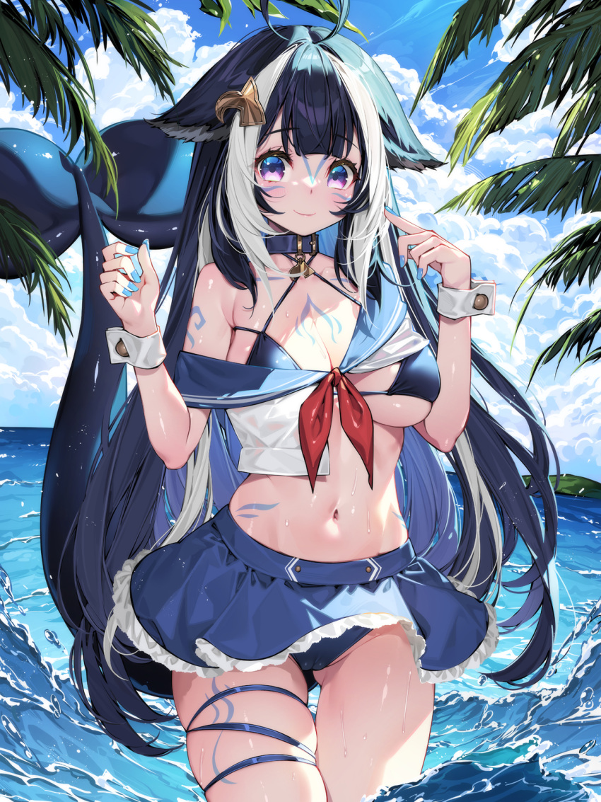 1girl ahoge animal_ears arm_tattoo belt_collar bikini black_hair blue_nails blue_sky body_markings breasts cameltoe cetacean_tail chest_tattoo cleavage closed_mouth cloud collar collarbone criss-cross_halter day facial_tattoo fins fish_tail halterneck highres indie_virtual_youtuber large_breasts leg_tattoo lips long_hair looking_at_viewer multicolored_hair navel ocean orca_girl outdoors palm_tree purple_eyes shylily skirt sky smile streaked_hair swimsuit tail tattoo tree virtual_youtuber wading water waterring whale_girl white_hair wrist_cuffs