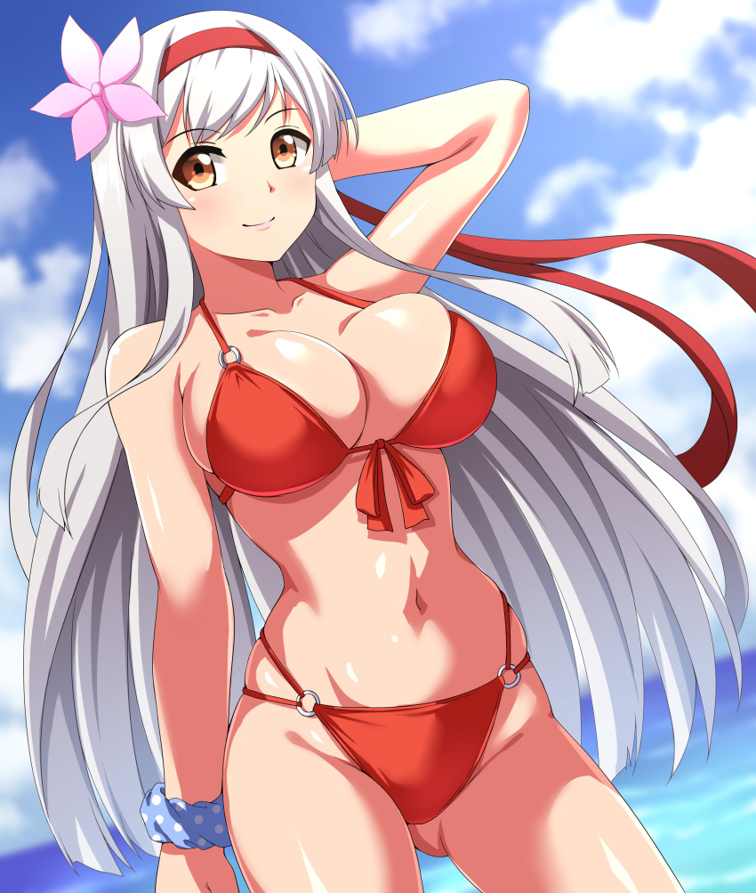 1girl absurdres alternate_costume arm_behind_head bikini blue_sky breast_slip breasts brown_eyes cloud commission cowboy_shot day flower front-tie_bikini_top front-tie_top hair_flower hair_ornament headband highres kantai_collection large_breasts long_hair navel o-ring o-ring_bikini o-ring_bottom o-ring_top outdoors pixiv_commission red_bikini red_headband shoukaku_(kancolle) sky smile solo standing swimsuit very_long_hair white_hair zanntetu