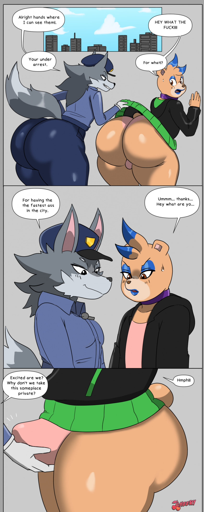 2023 absurd_res anthro anthro_on_anthro bear big_butt butt canid canine canis cherryfox73 colored comic dialogue duo english_text girly hi_res huge_butt male male/male mammal milo_(cherryfox73) text thick_thighs wolf