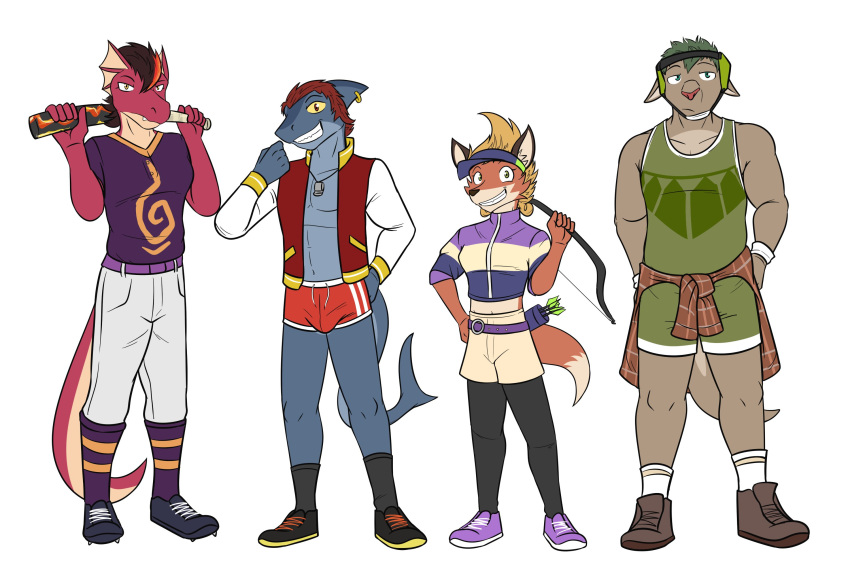 anthro armadillo artemis_(dungeons_of_aether) baseball_bat bat_(object) bottomwear bow_(weapon) bulge canid canine clothed clothing crop_top dungeons_of_aether female fish fleet_(dungeons_of_aether) footwear fox fuze group hamir_(dungeons_of_aether) hi_res holding_baseball_bat holding_bow_(weapon) holding_object holding_weapon hotpants lizard male mammal marine navel open_clothing open_shirt open_topwear pants quiver ranged_weapon reptile scalie shark shirt shoes shorts simple_background slade_(dungeons_of_aether) socks t-shirt topwear weapon whistle_(object) white_background wrestling_singlet xenarthran