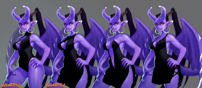 2_horns black_hair breasts claws cleavage cleavage_cutout clothed clothing demon demon_humanoid dress ear_piercing ear_ring female fully_clothed hair hi_res hoop_ear_ring horn horned_humanoid humanoid humanoid_pointy_ears katherine_murray leotard long_hair membrane_(anatomy) one-piece_swimsuit piercing ponytail pose purple_body purple_skin ring_piercing sharp_claws solo succubus swimwear tail tailed_humanoid winged_humanoid wings zura_(dollightful)